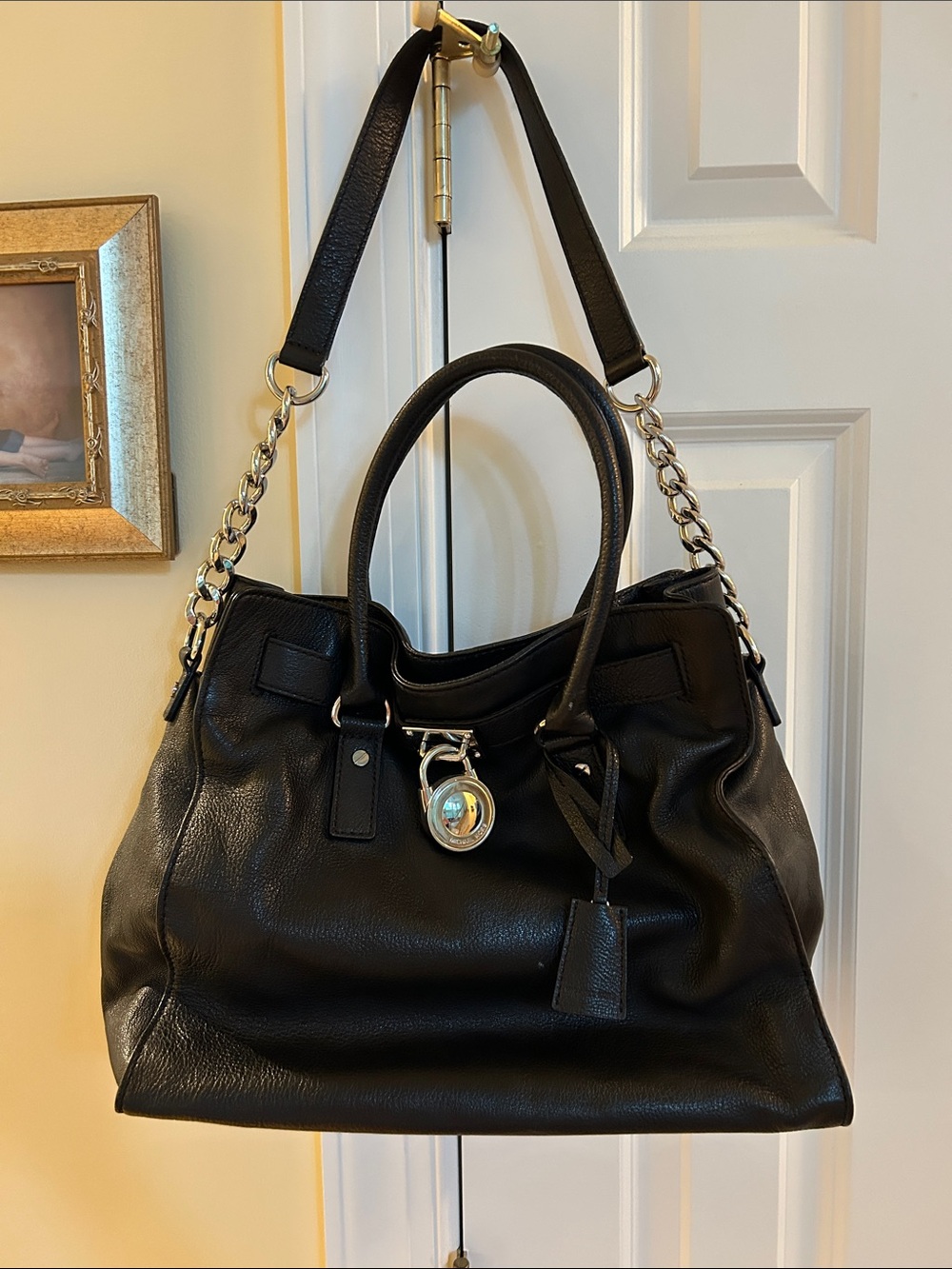 Michael Kors Black Leather Tote with Chain-Accent Strap